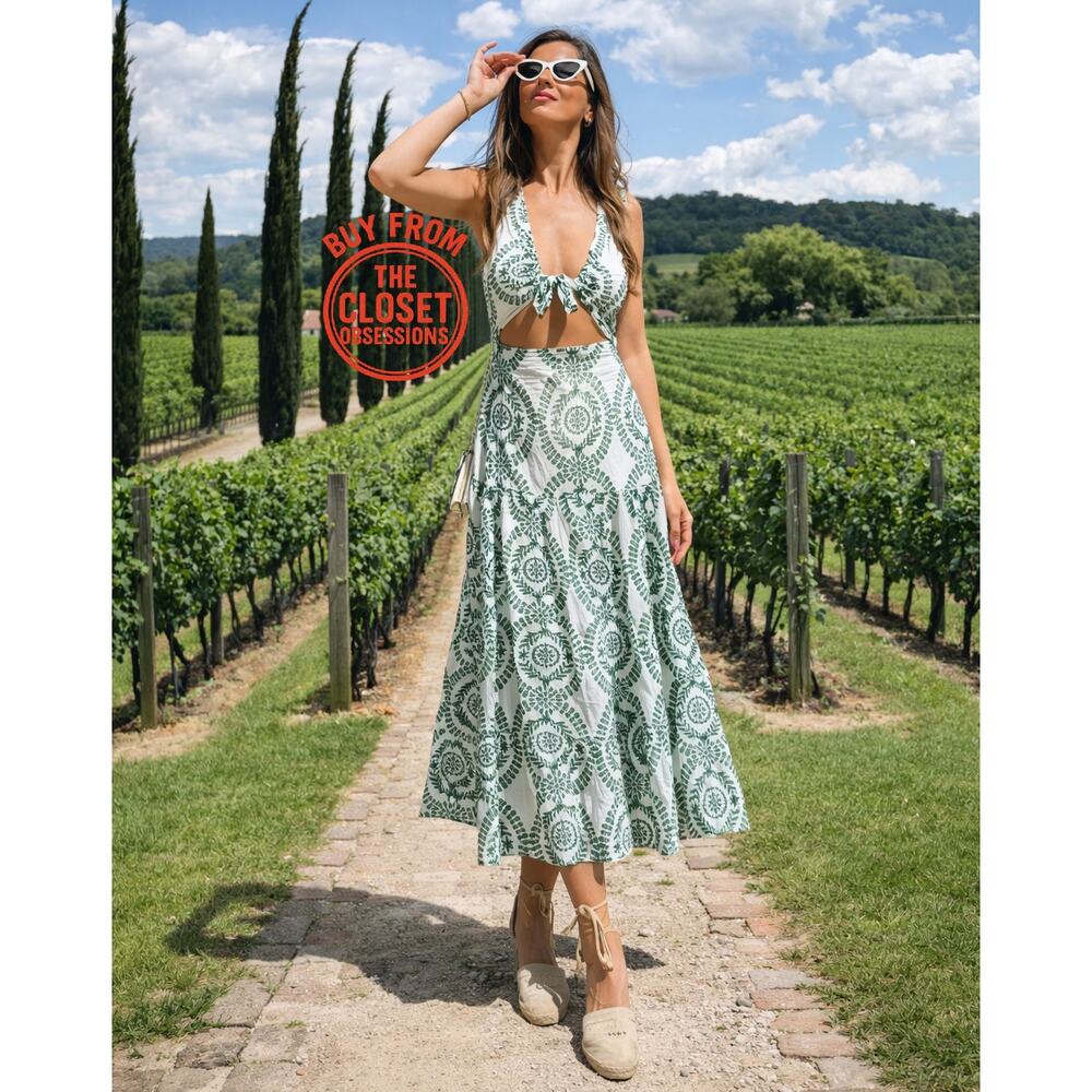 Zara NWT Green White Front Knot Cutout Midi Dress Resort Vacation M L - Picture 2 of 16